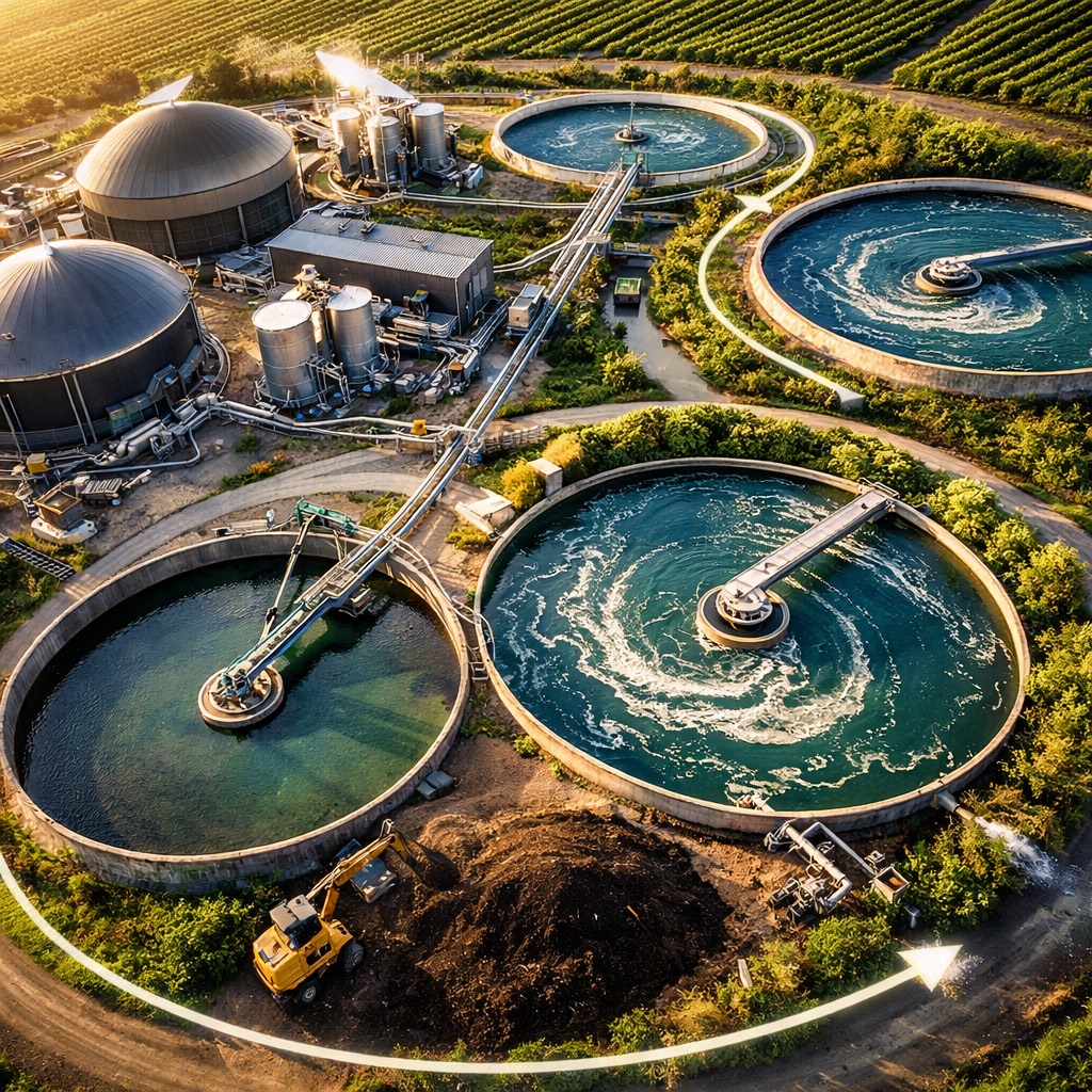 Overhead view of a circular regenerative agri-food facility showing integrated infrastructure, water recycling, and controlled production systems.