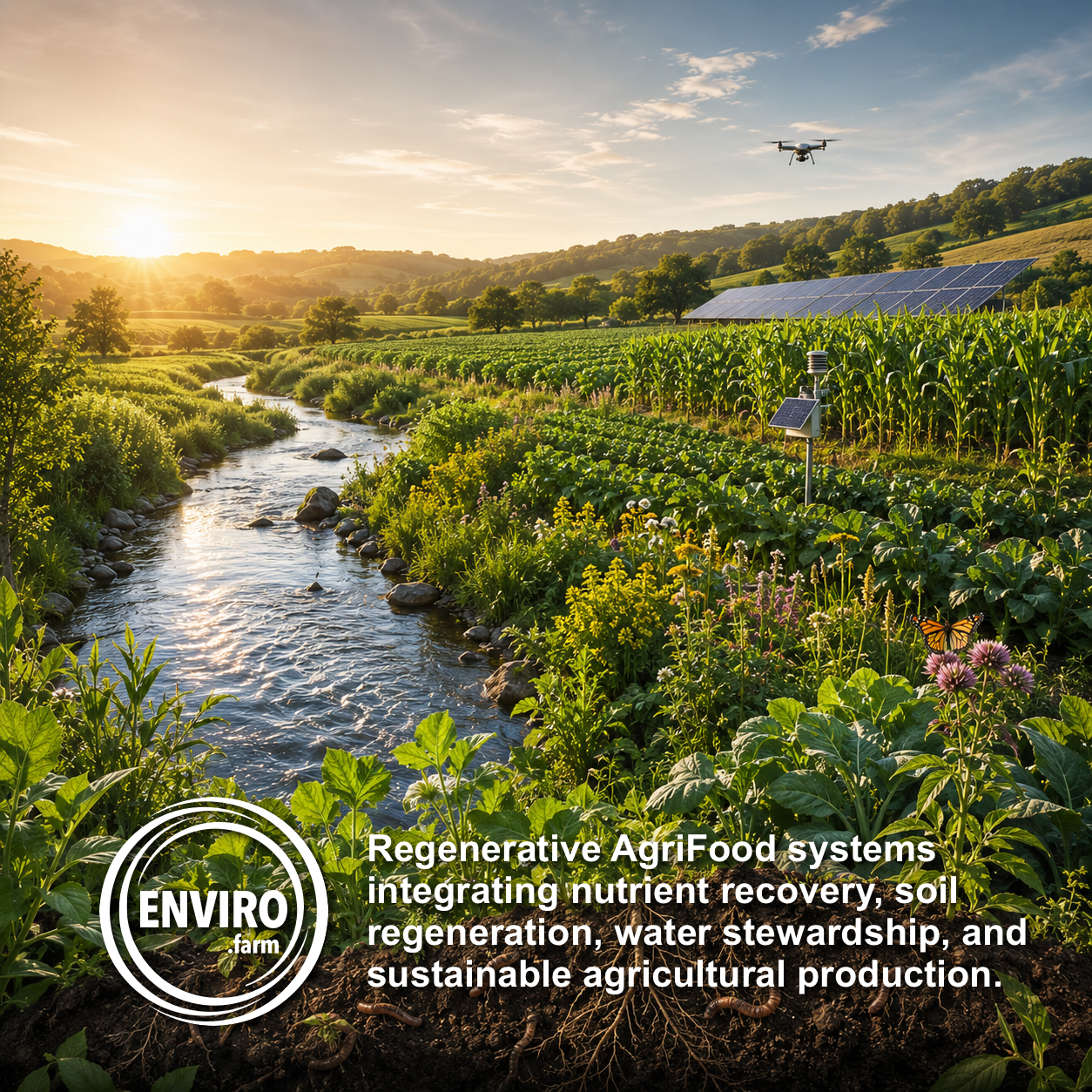 Regenerative AgriFood systems integrating nutrient recovery, soil regeneration, water stewardship, and sustainable agricultural production.
